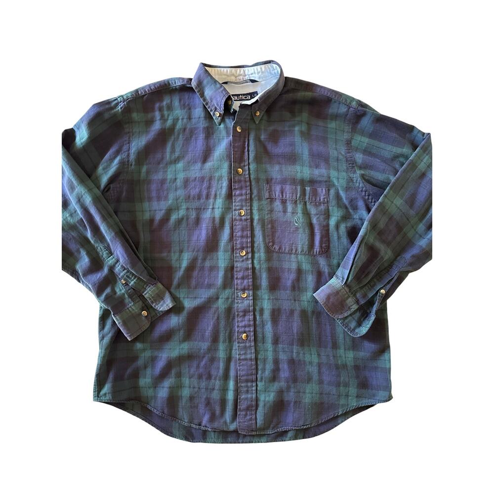 Vintage 90s Nautica Mens L Green Blue Plaid Button Down Shirt
